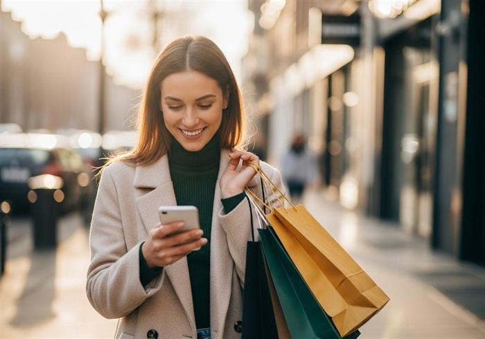 A shopper on a city street looking at an offer on her phone while carrying shopping bags.