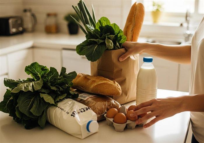 Hands unpacking a paper grocery bag of greens, bread, milk and eggs onto a kitchen counter.