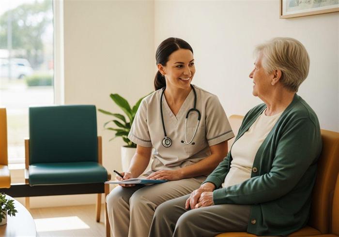 A nurse in scrubs sitting beside an older woman in a bright community clinic waiting room, taking notes.