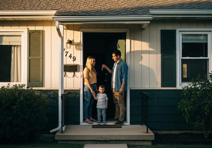 A young family standing in the open doorway of their single-storey home at golden hour, one parent holding a set of keys.