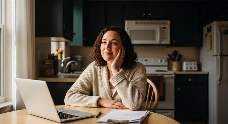 Two people at a dining table sorting household bills and letters into piles, a laptop open between them.