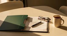 A hand filling in a printed form with a pen at a dark desk.